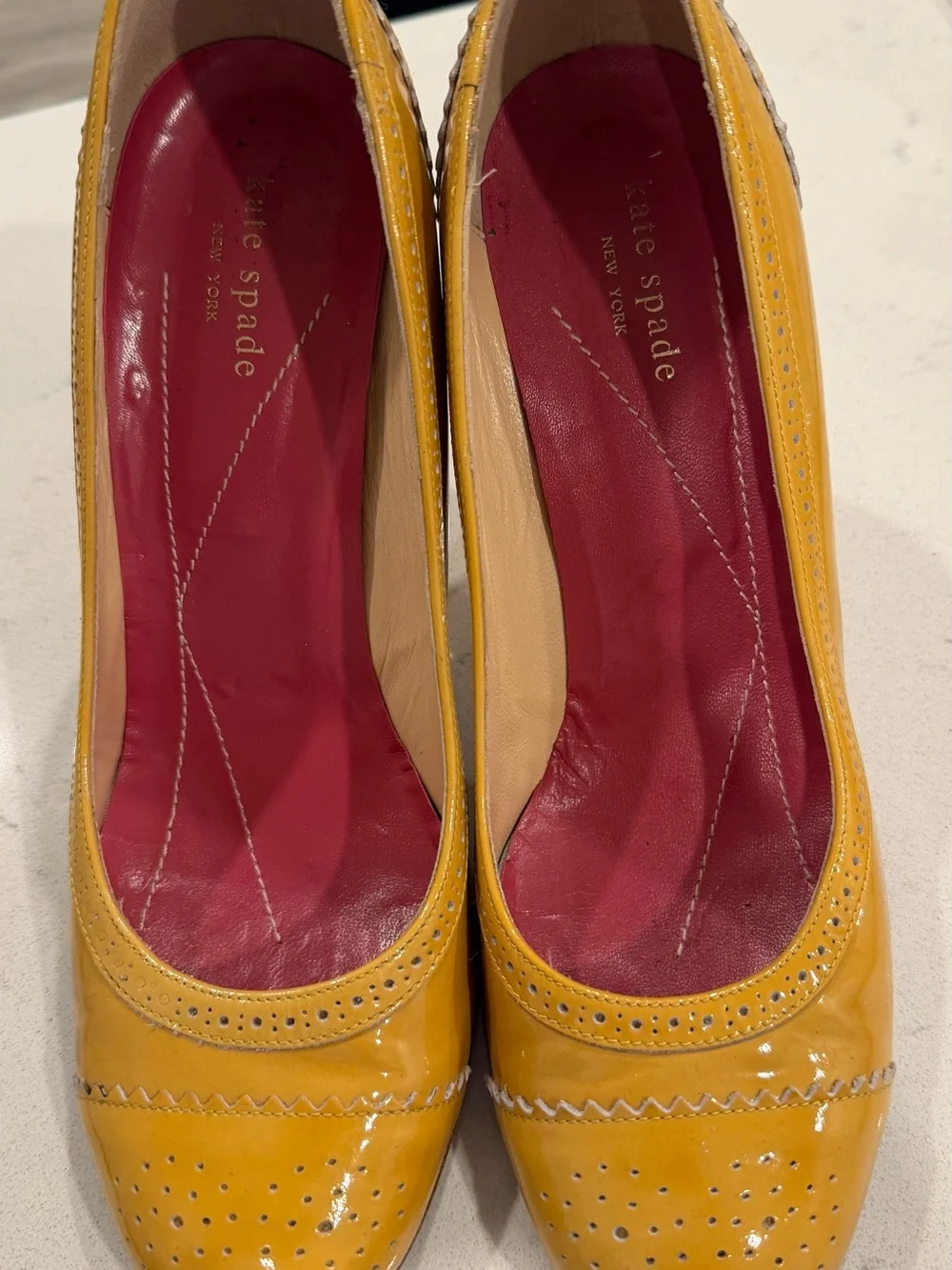 kate spade Yellow Patent Leather Round-Toe Pumps with Pink Insole